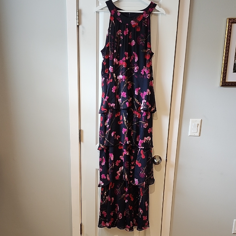 Tommy Hilfiger Navy & Pink Floral Tiered Full Length Maxi Dress NWT Sz 16